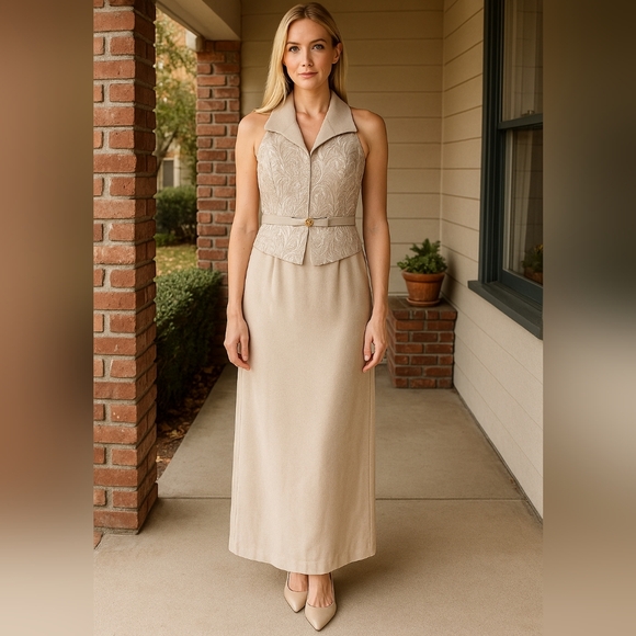 Aspeed Dresses & Skirts - Vintage Aspeed Brocade Halter Maxi Dress Beige & Gold Evening Gown with Rhines